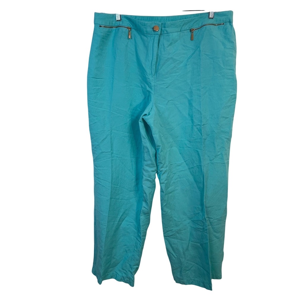 JM Collection Turquoise Linen Blend Straight Leg‎ Pants XL Gold Zip Detail